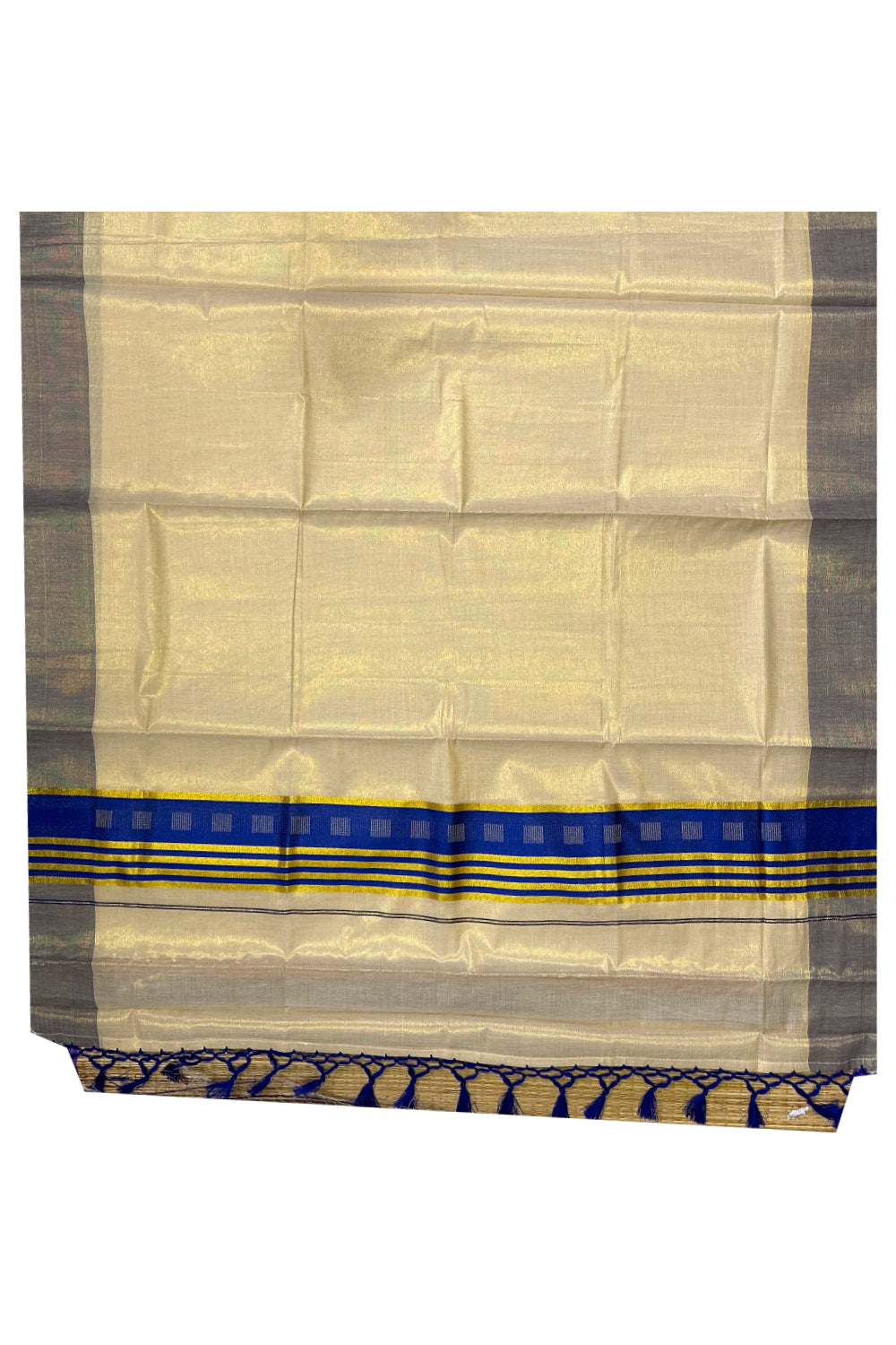 Kerala Tissue Saree with Kasavu Blue Border and Tassels Works on Pallu (Onam Saree 2023)