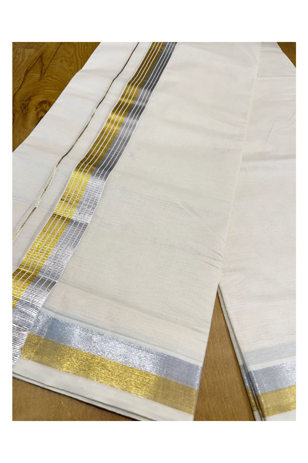 Kerala Pure Cotton Double Mundu with Silver and Golden Kasavu Border (South Indian Kerala Dhoti)