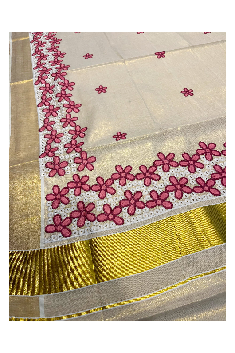 Kerala Tissue Kasavu Saree with Pink Floral Embroidery Works