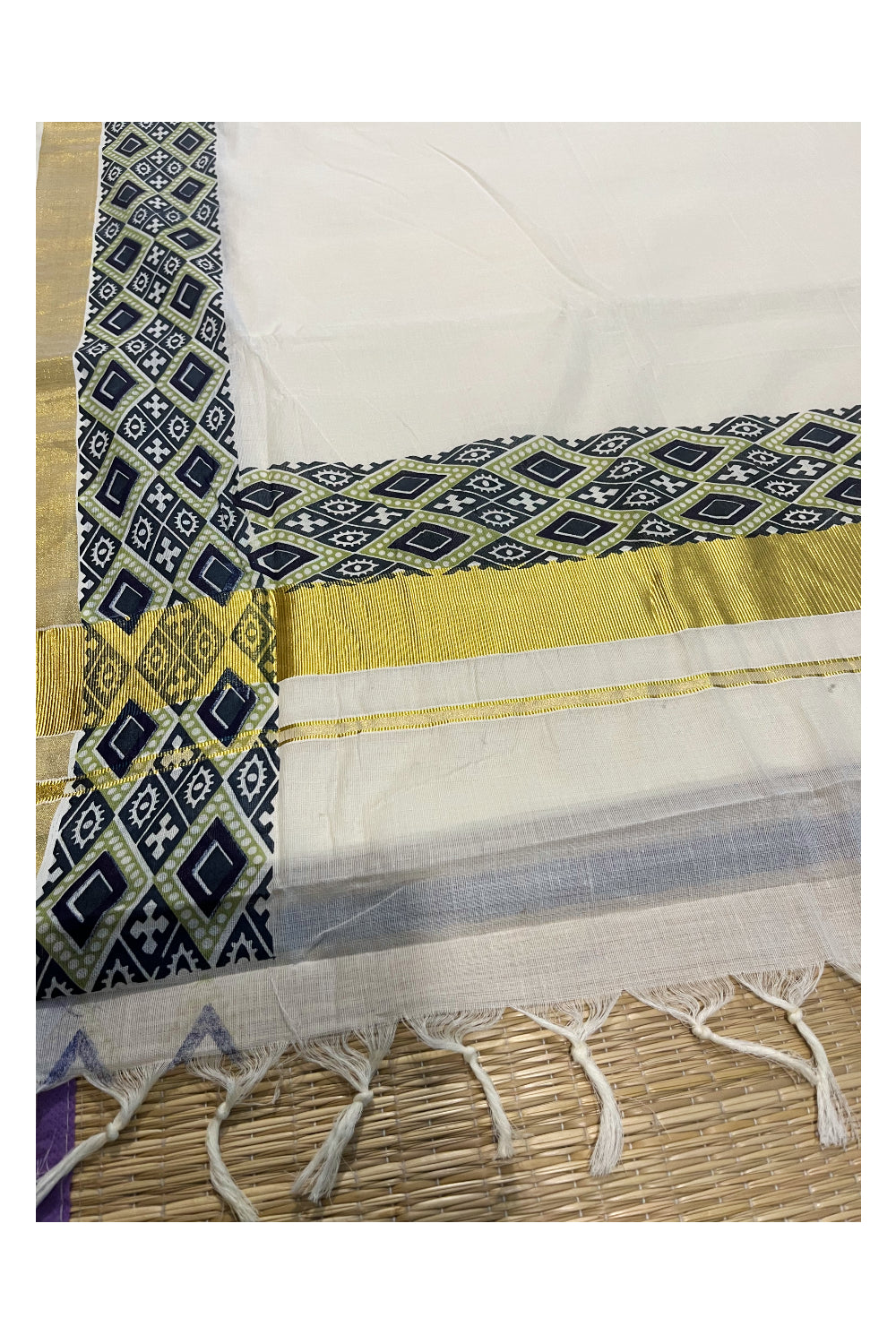 Kerala Pure Cotton Kasavu Saree with Ajrakh Stitched Borders and Matching Blouse Piece