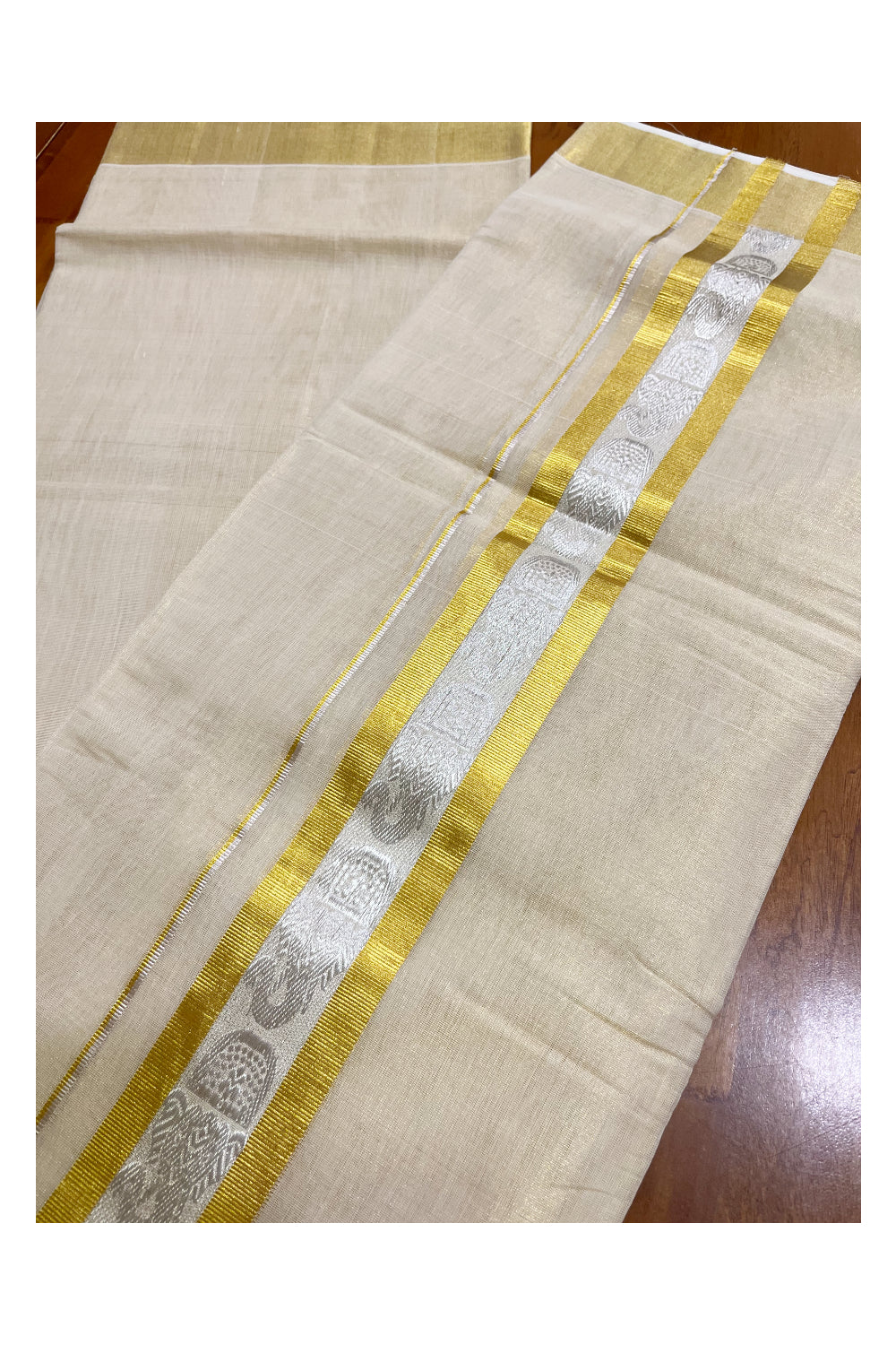 Southloom Premium Handloom Tissue Mundu with 2 inch Kasavu Border with Silver Woven Work