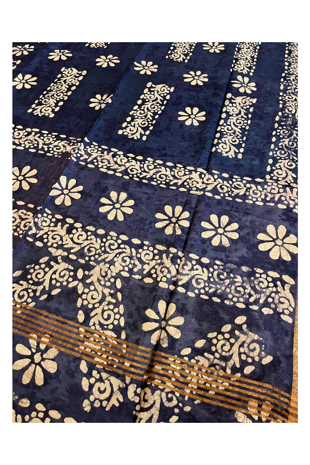 Southloom Cotton Dark Blue Saree with Baswara Prints on Body and Pallu