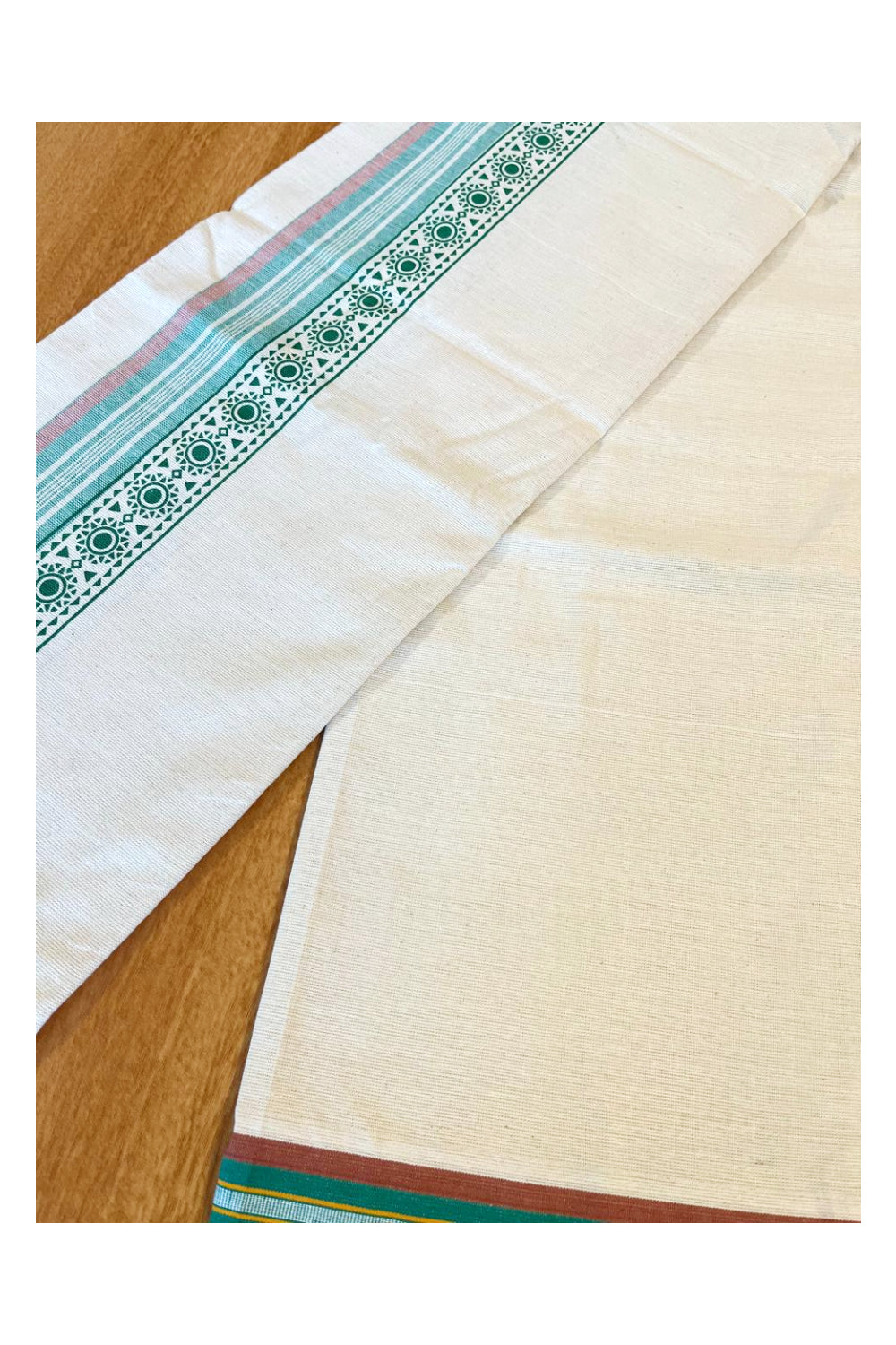 Southloom Off White And Green Brown Printed Single Mundu / Otta Mundu / Lungi (South Indian Kerala Dhoti)