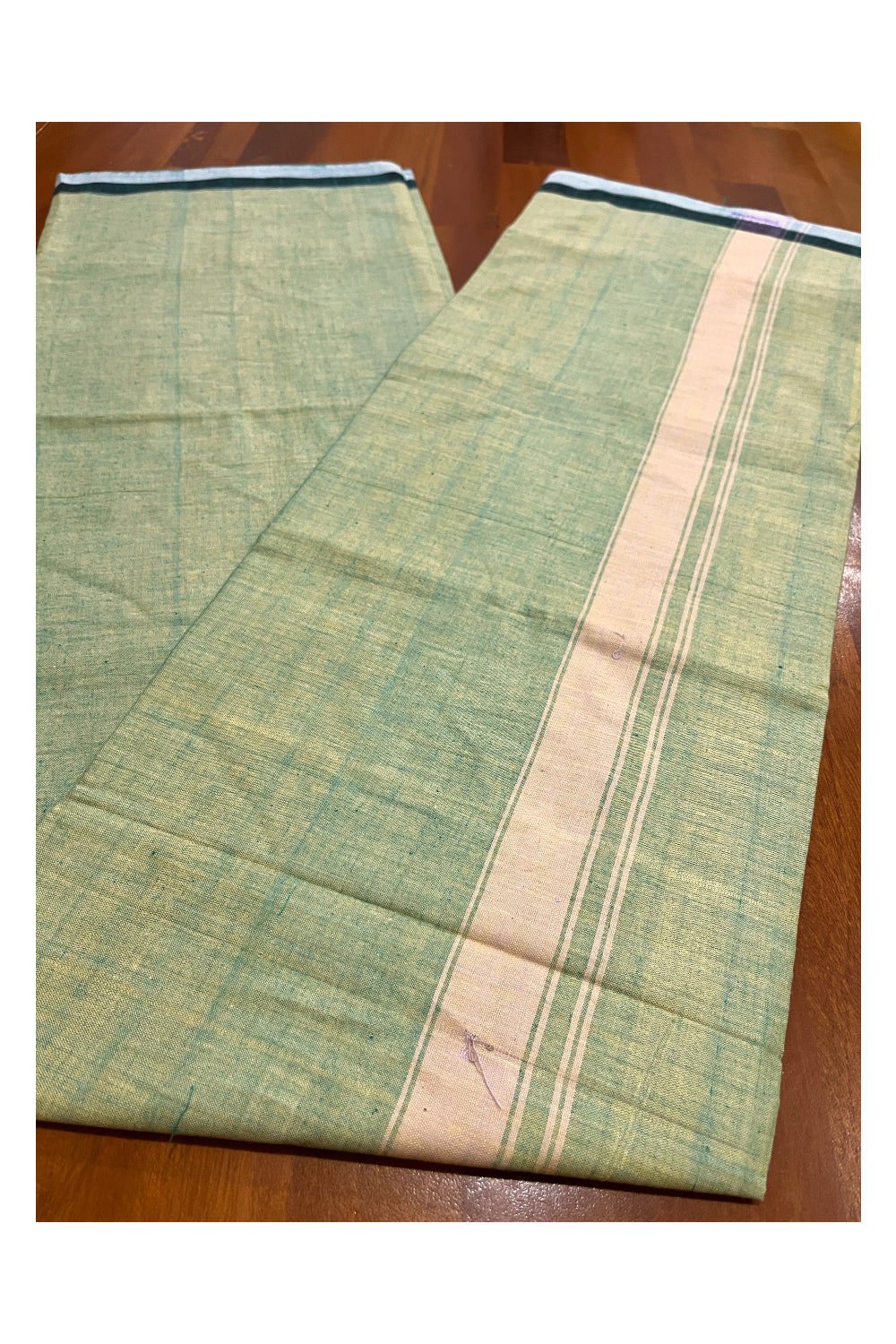 Southloom Premium Handloom Light Green Solid Single Mundu (Lungi) with Yellow Border (South Indian Kerala Dhoti)