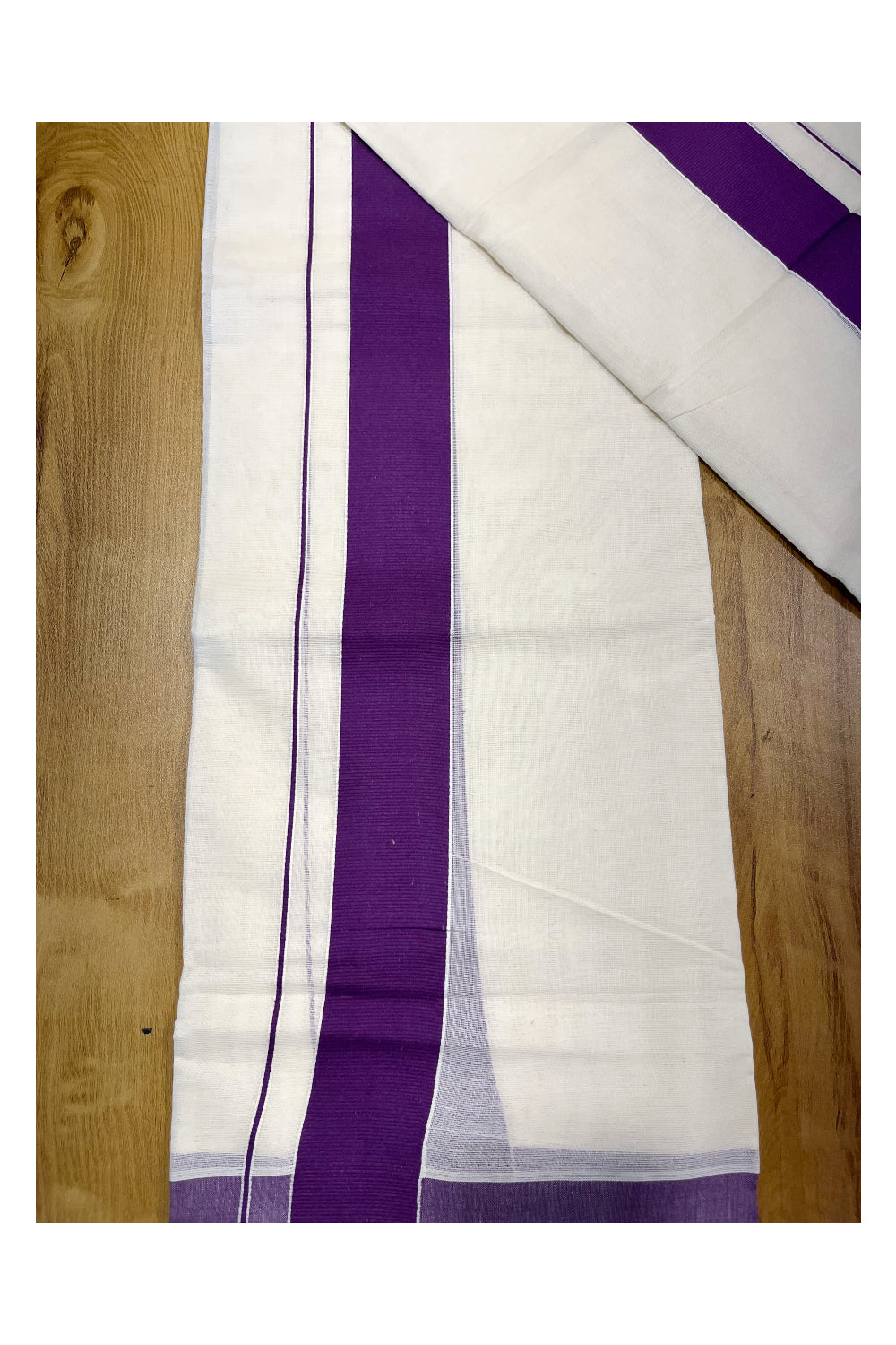 Kerala Cotton Mundum Neriyathum Single (Set Mundu) with Violet Border 2.80 Mtrs