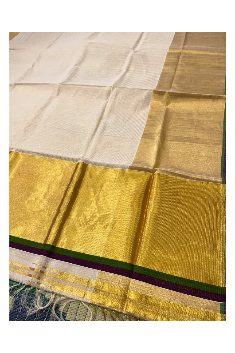 Southloom Handloom Premium Saree with Kasavu Micro Checks Across Body and Violet Green Border (Onam Saree 2023)