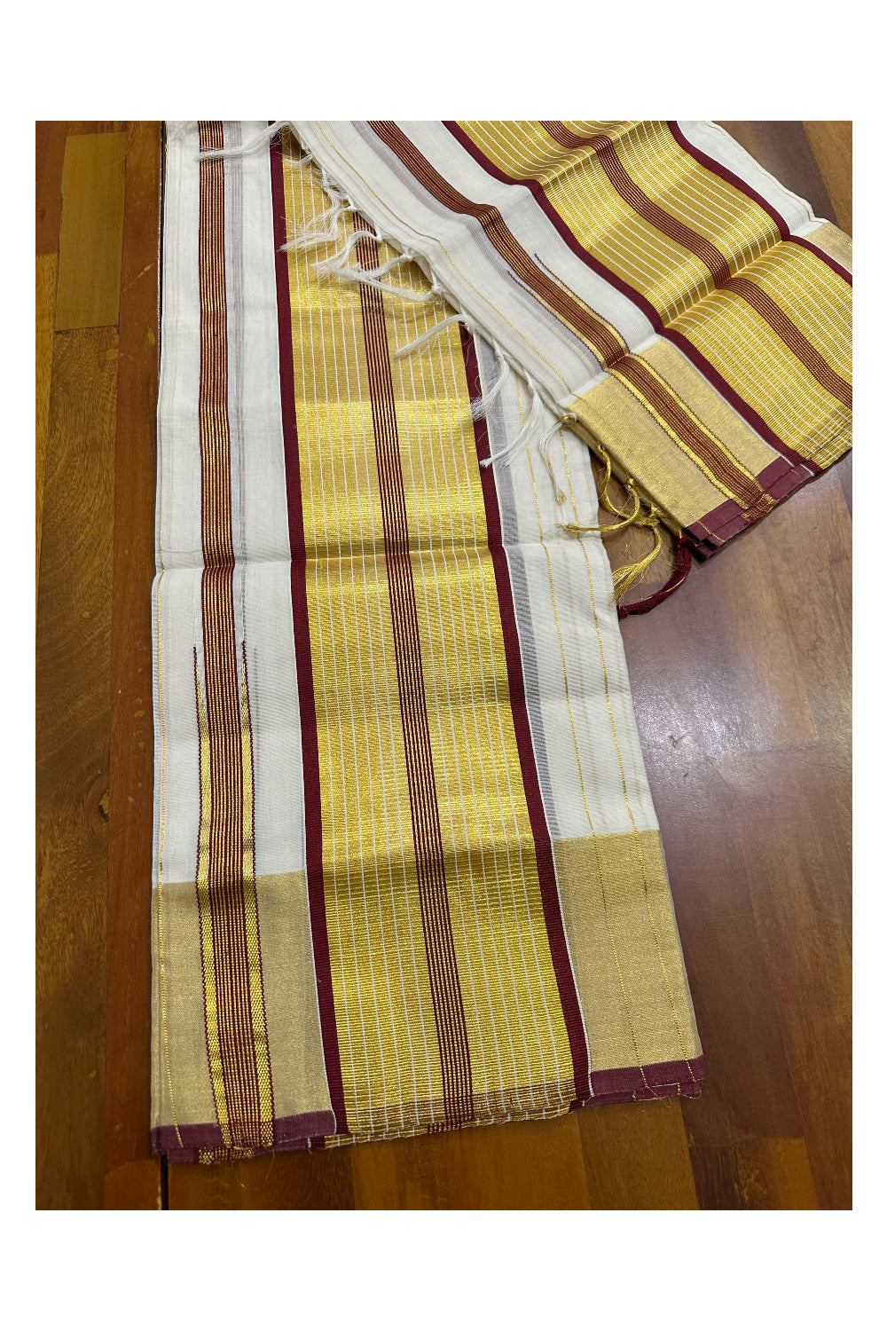 Southloom Premium Handloom Set Mundu with Maroon Border and Kasavu Lines Across Body 2.80 Mtrs