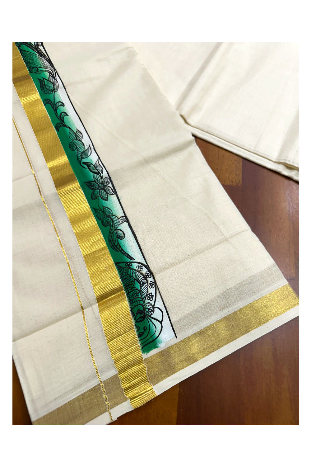 Kerala Pure Cotton Double Mundu with Hand Painted Designs on Kasavu Border(South Indian Kerala Dhoti)