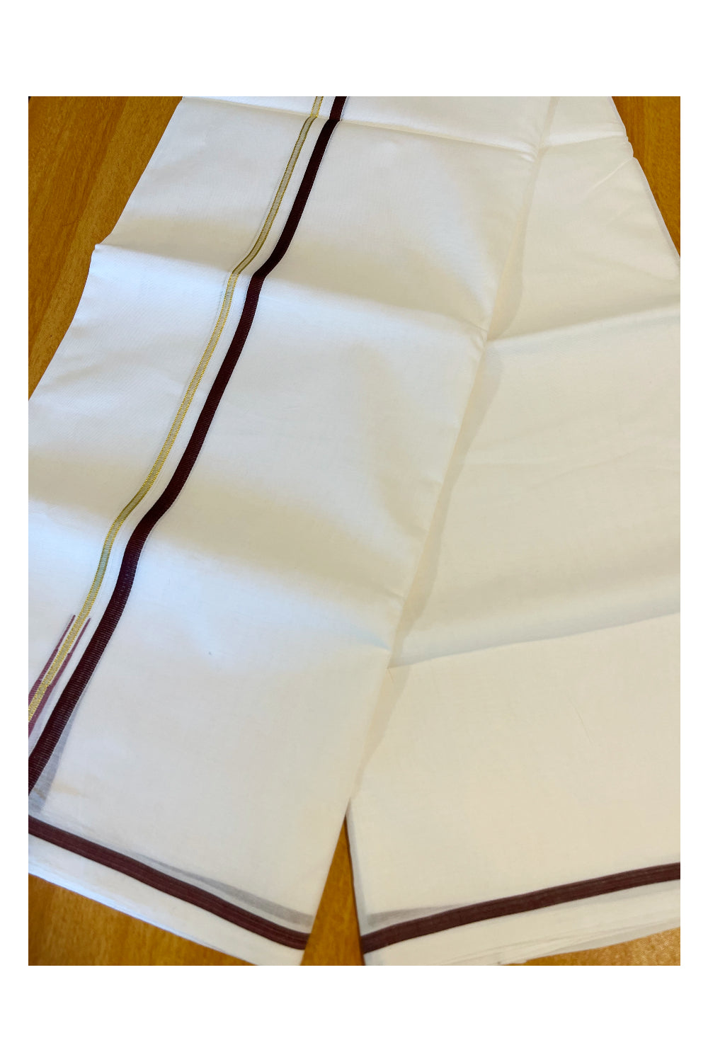 Pure White Cotton Double Mundu with Brown Border (South Indian Dhoti)