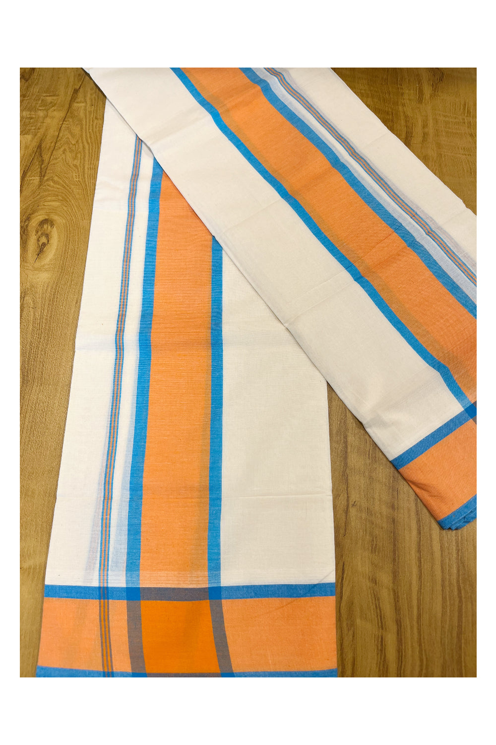 Southloom Mulloth Soft Cotton Blue Orange Border Set Mundu  2.80 Mtrs