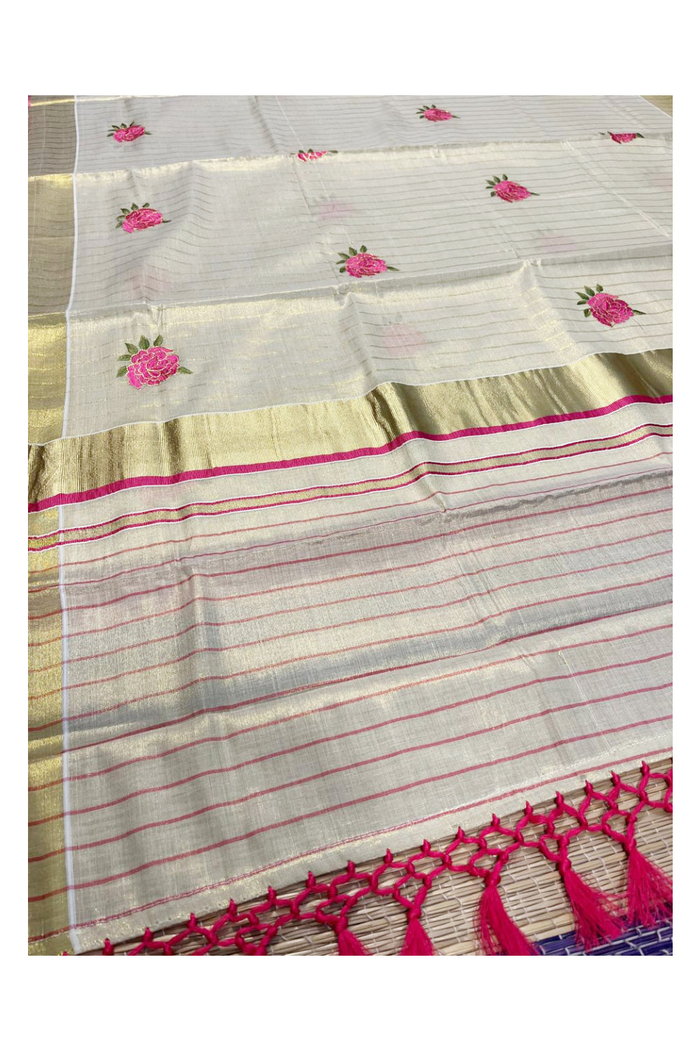 Southloom Kerala Tissue Kasavu Lines Saree with Pink Floral Embroidery Works