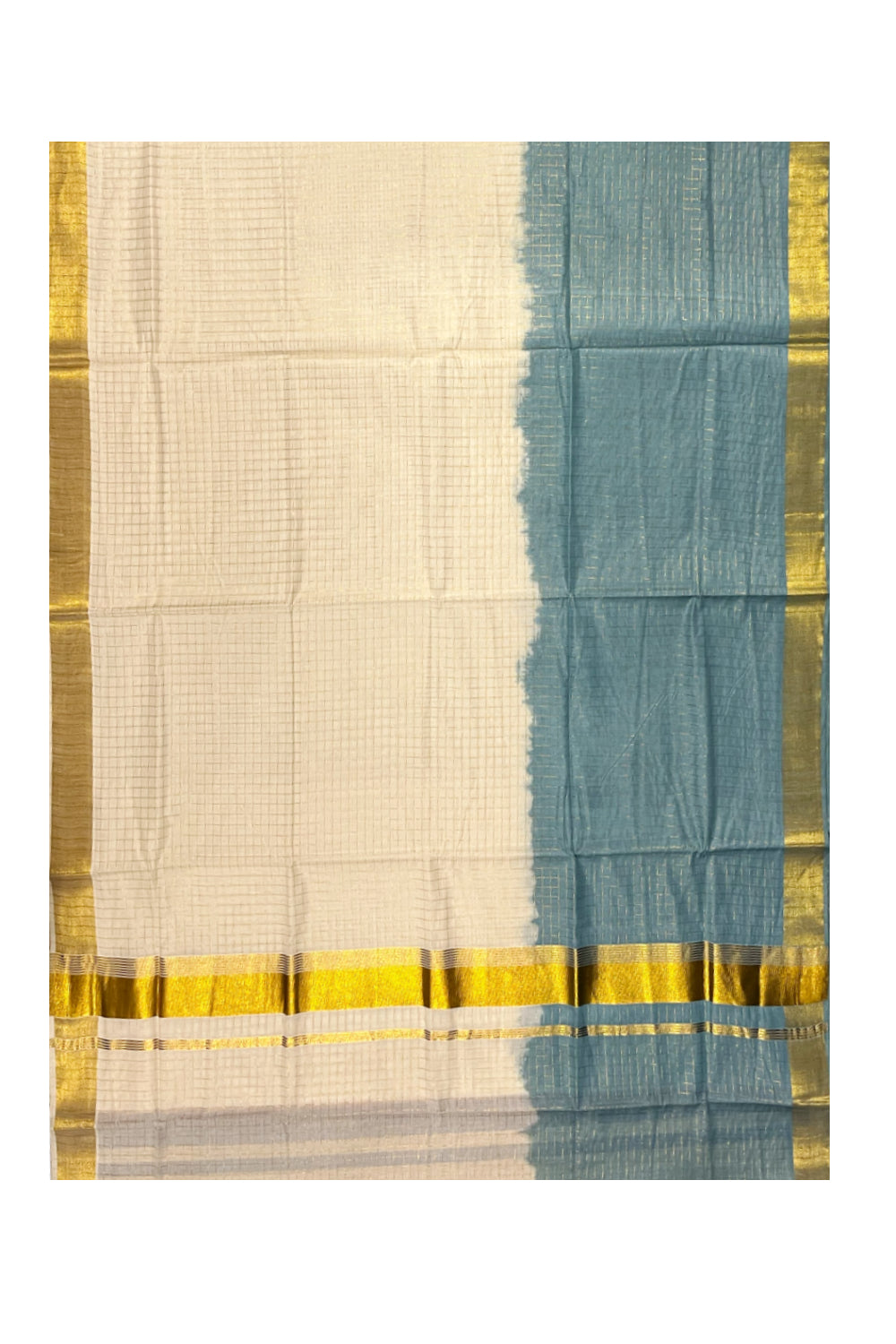 Southloom Cotton Tie & Dye - Half & Half Teal Design Saree with Kasavu Checks Across Body