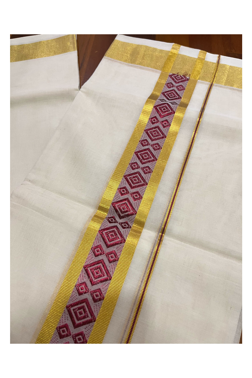 Southloom Premium Handloom Pure Cotton Mundu with Golden and Maroon Kasavu Woven Border (Onam Mundu 2023)