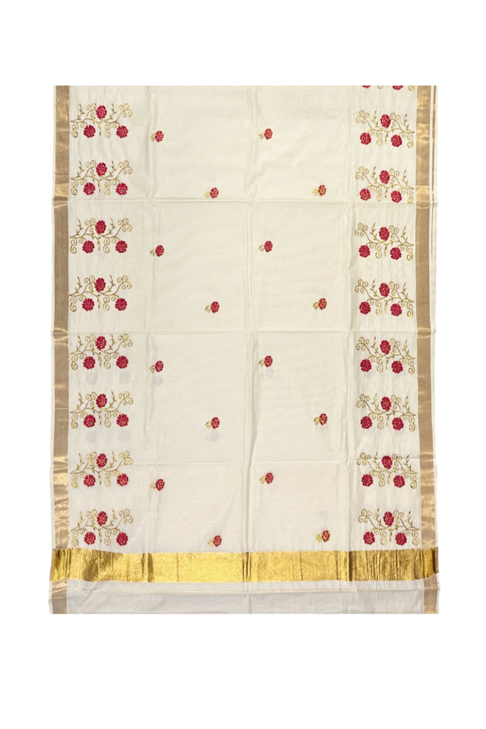 Southloom Kerala Kasavu Saree with Magenta and Gold Floral Embroidery