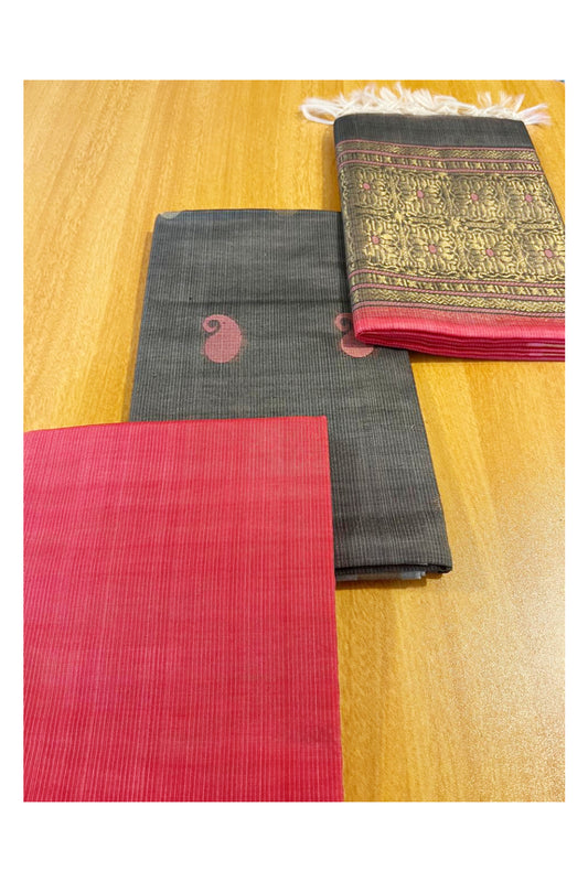 Southloom™ Original Handloom Cotton Pure Silk 3 Piece Grey and Pink Salwar Material with Woven Zari Butta Work