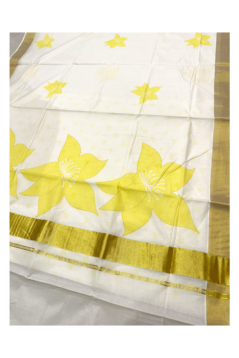 Southloom Exclusive Onam Kasavu Saree with Yellow Floral Print Across Body in High Quality (Matching Printed Blouse Included)