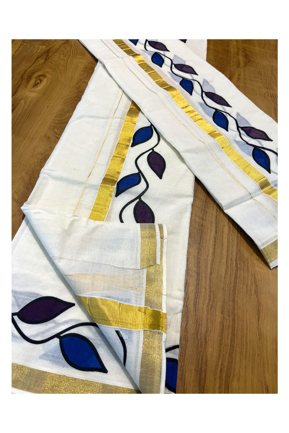 Pure Cotton Set Mundu (Mundum Neriyathum) with Violet and Blue Leaf Prints on Kasavu Border(2.80M)