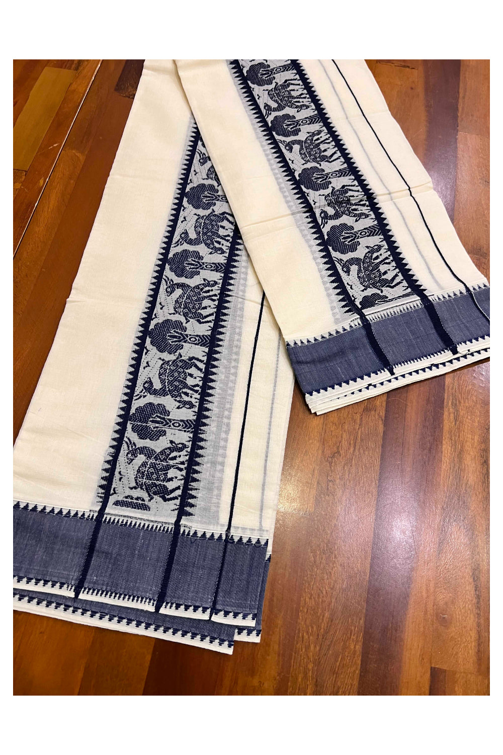 Kerala Cotton Single Set Mundu (Mundum Neriyathum) with Dark Blue Woven Border - 2.80Mtrs