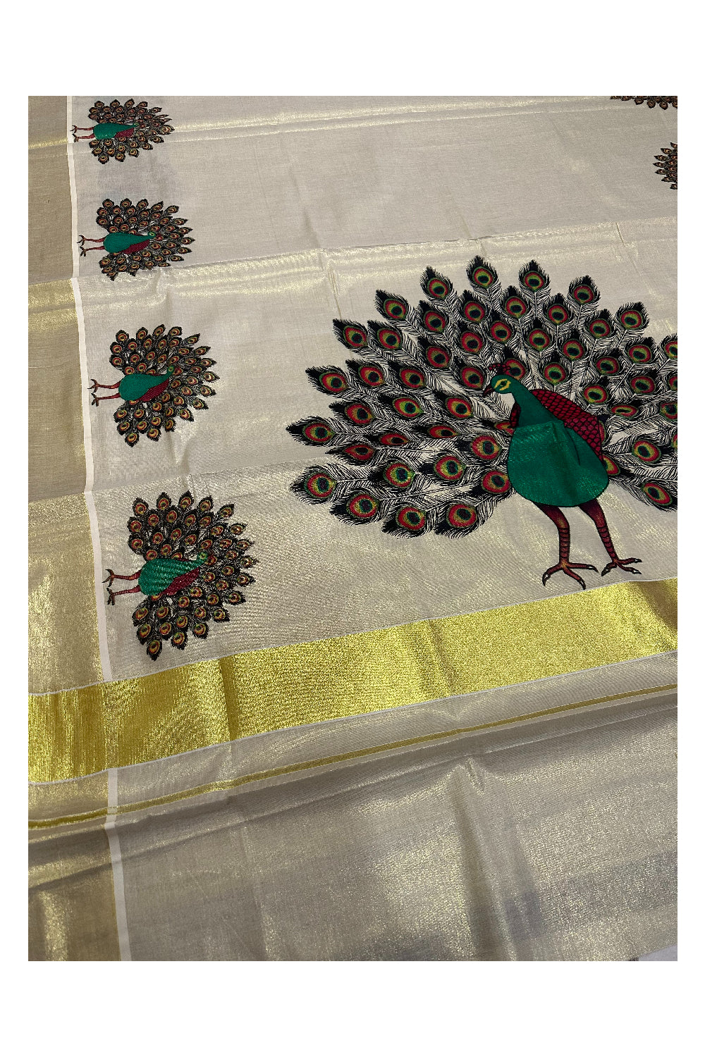 Kerala Tissue Kasavu Saree with Peacock Mural Prints (Onam Saree 2023)