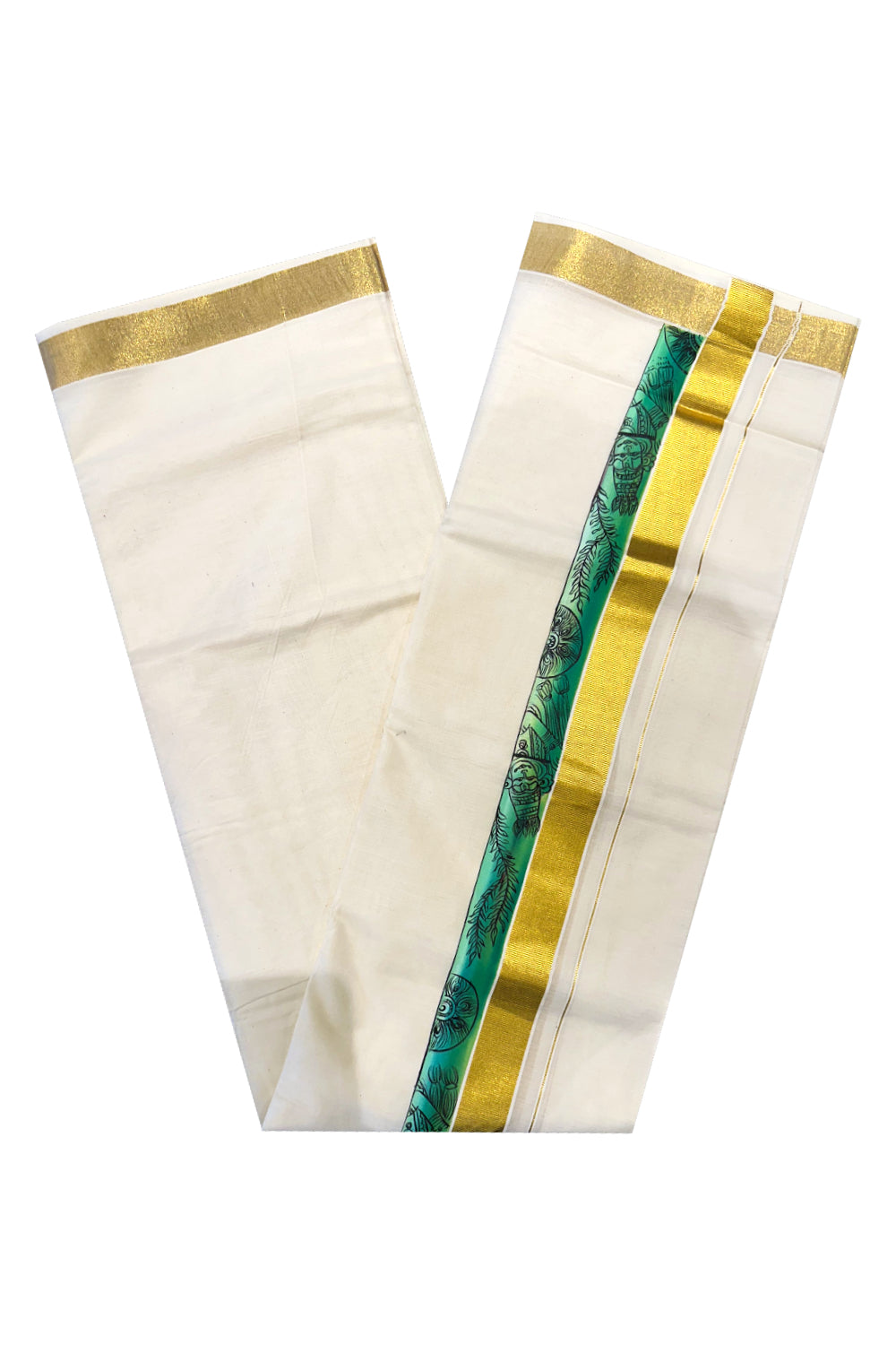 Kerala Pure Cotton Double Mundu with Mural Painted Design on Kasavu Border (South Indian Kerala Dhoti)