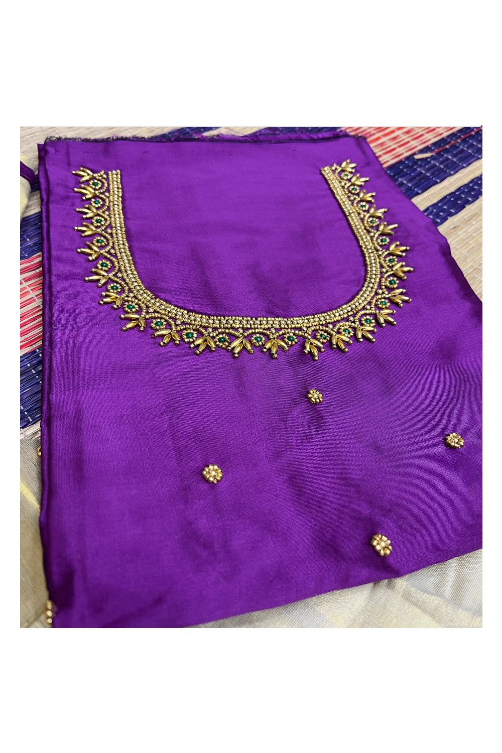 Semi Stitched Onam 2023 Dhavani Set with Tissue Pavada and Violet Bead Work Blouse Piece