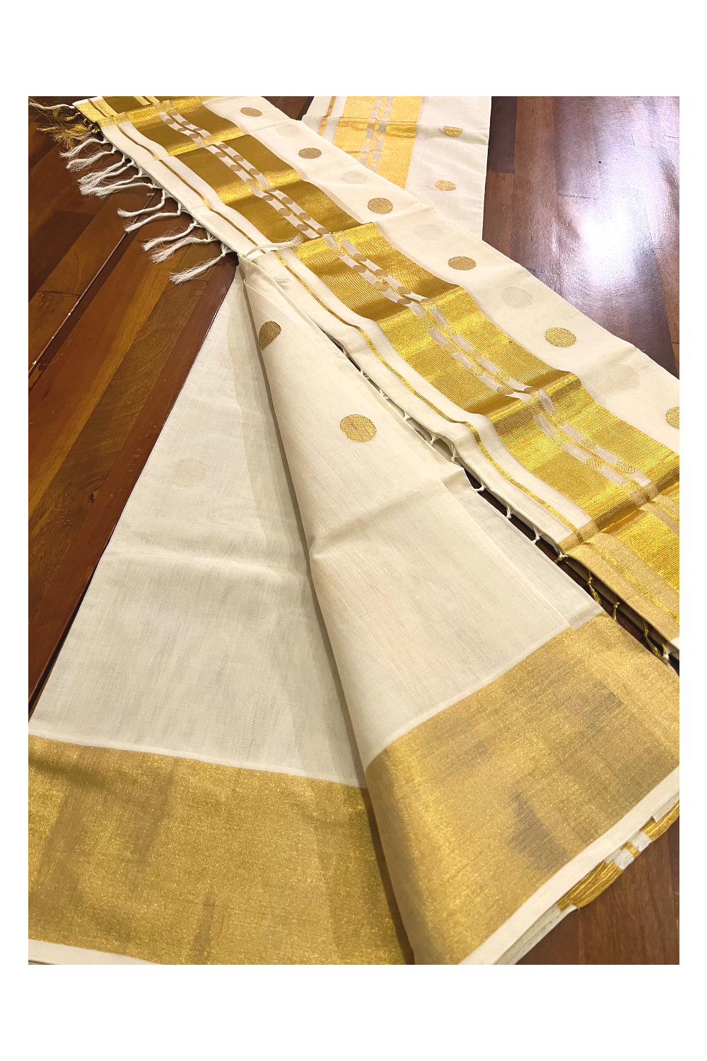 Southloom Premium Handloom Pure Cotton Wedding Set Mundu with Polka Woven Designs