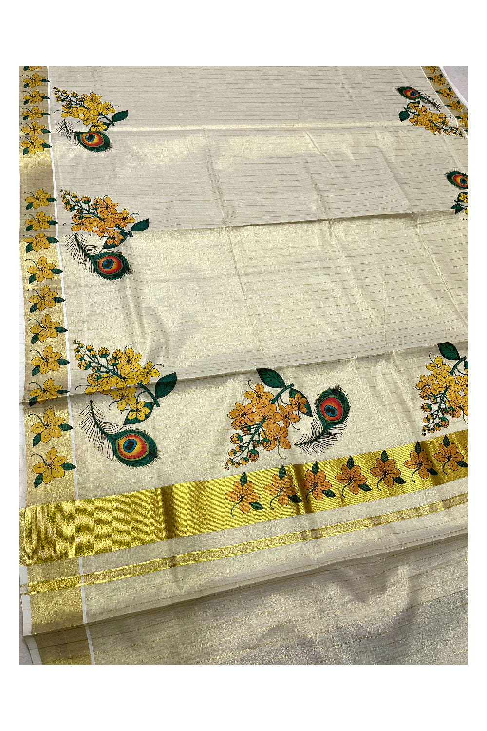 Kerala Tissue Kasavu Lines Design Saree with Feather And Floral Mural Prints on Body