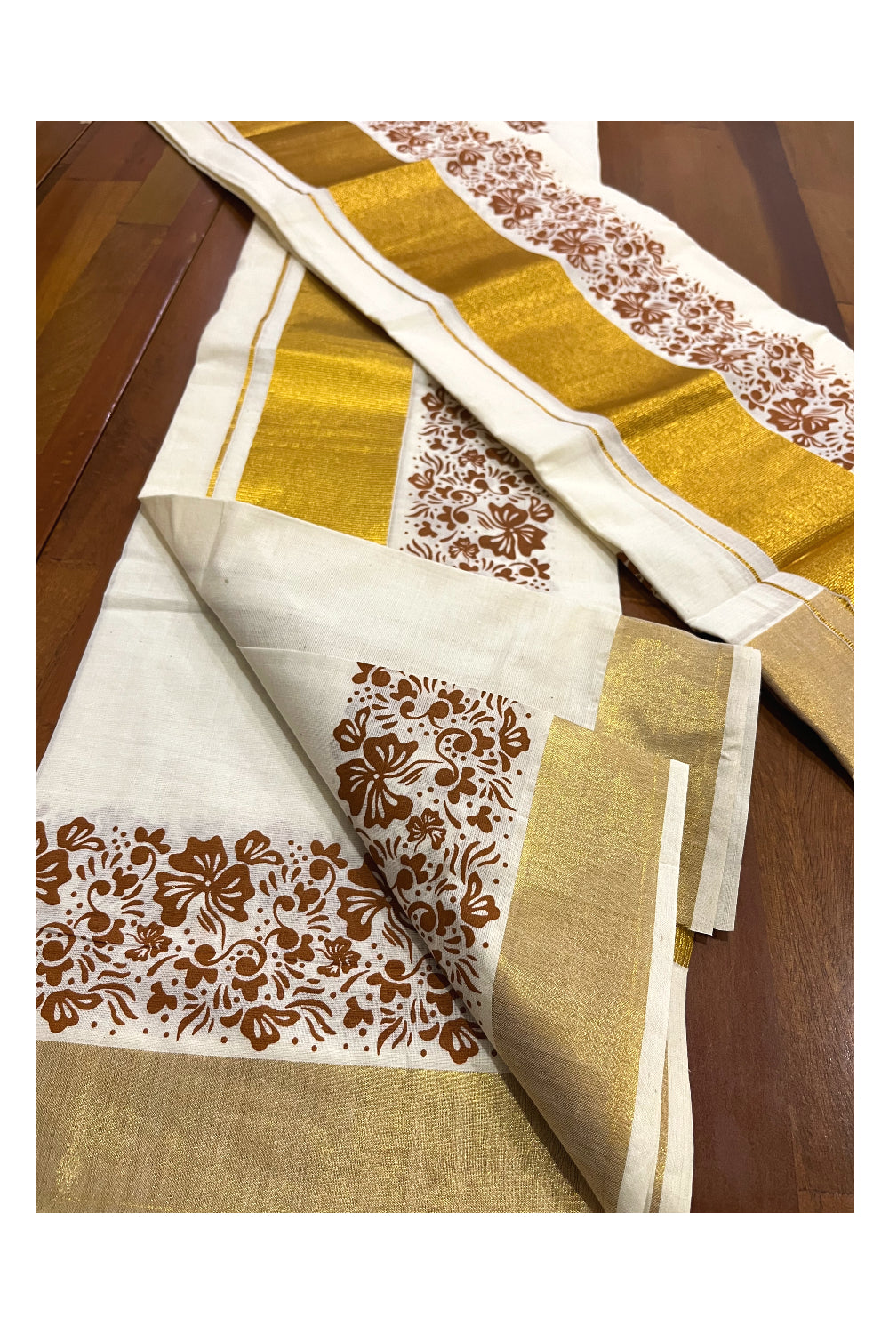 Pure Cotton Kerala Single Set Mundu (Mundum Neriyathum) with Brown Block Printed Kasavu Border