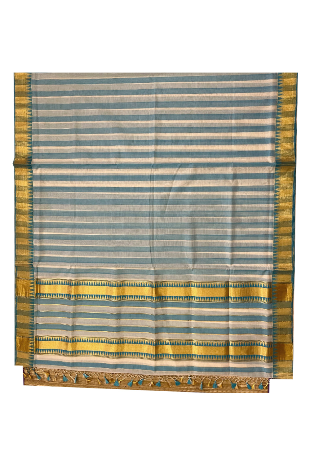 Southloom Super Premium Balaramapuram Unakkupaavu Handloom Saree with Blue Temple Border and Woven Lines Across Body