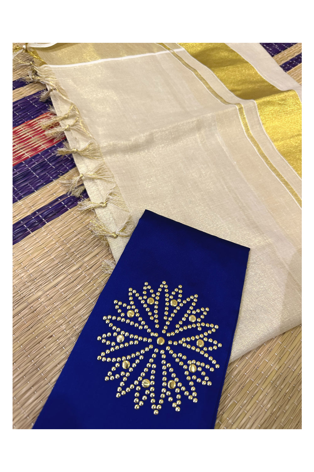 Semi Stitched Dhavani Set with Golden Lines Design Pavada and Blue Bead Work Blouse Piece