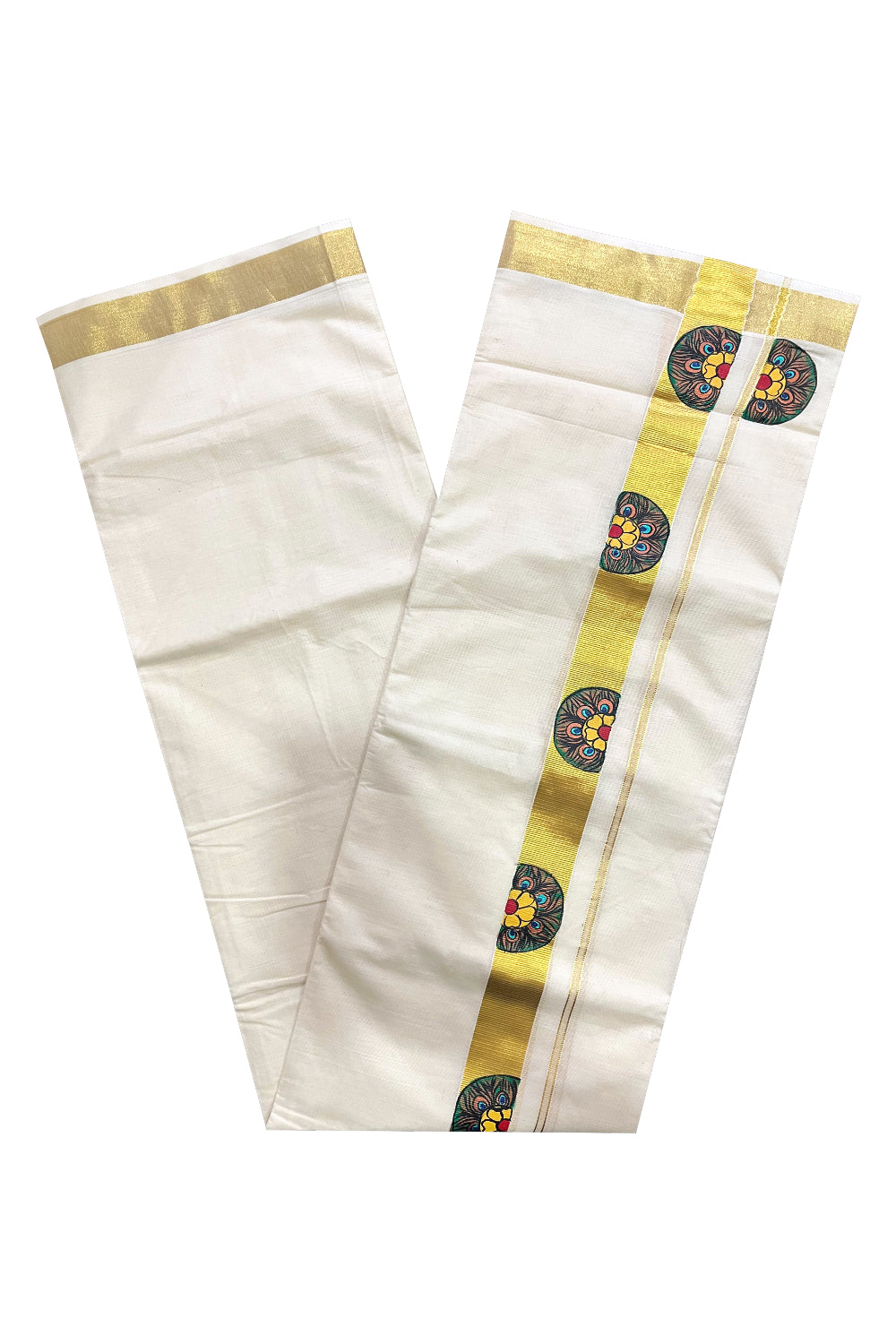 Off White Kerala Cotton Double Mundu with Mural Hand Painted Designs on Kasavu Border (South Indian Kerala Dhoti)