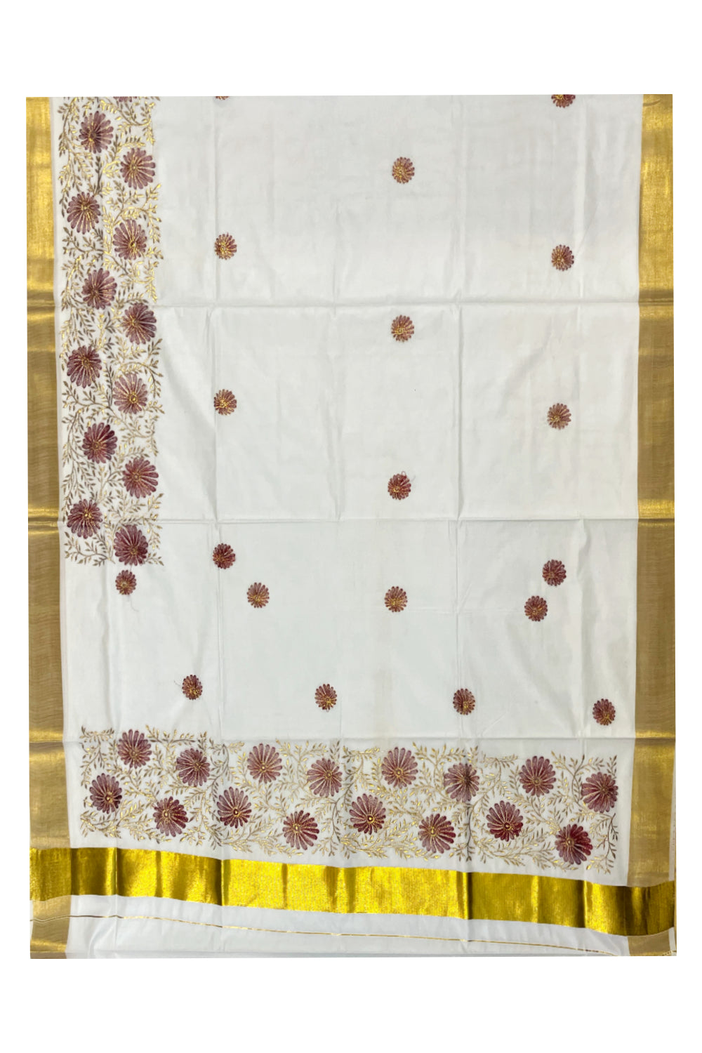 Kerala Cotton Kasavu Saree with Golden and Maroon Floral Embroidery Work