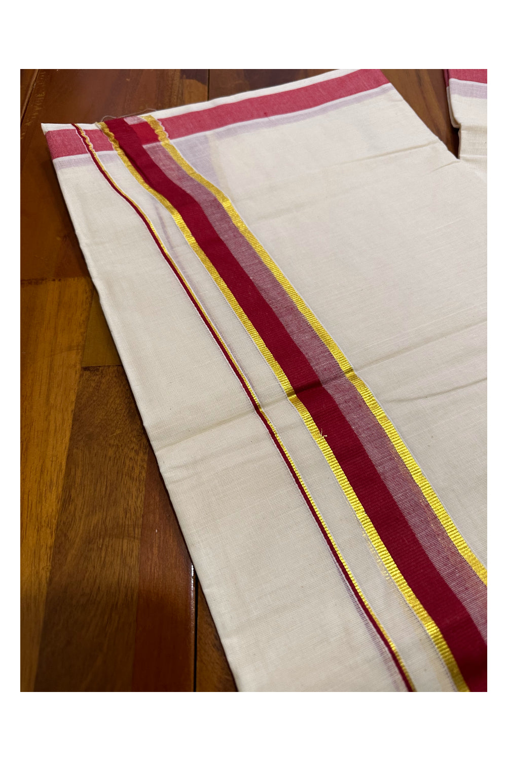 Kerala Cotton Double Mundu with Red and Kasavu Border (Onam Mundu 2023)