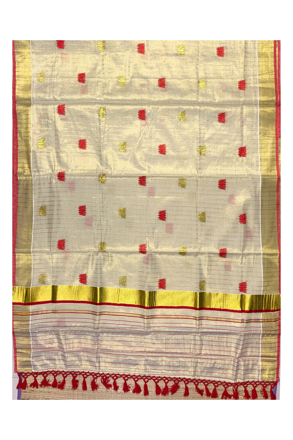 Kerala Tissue Kasavu Lines Saree with Red And Golden Lotus Embroidery Works