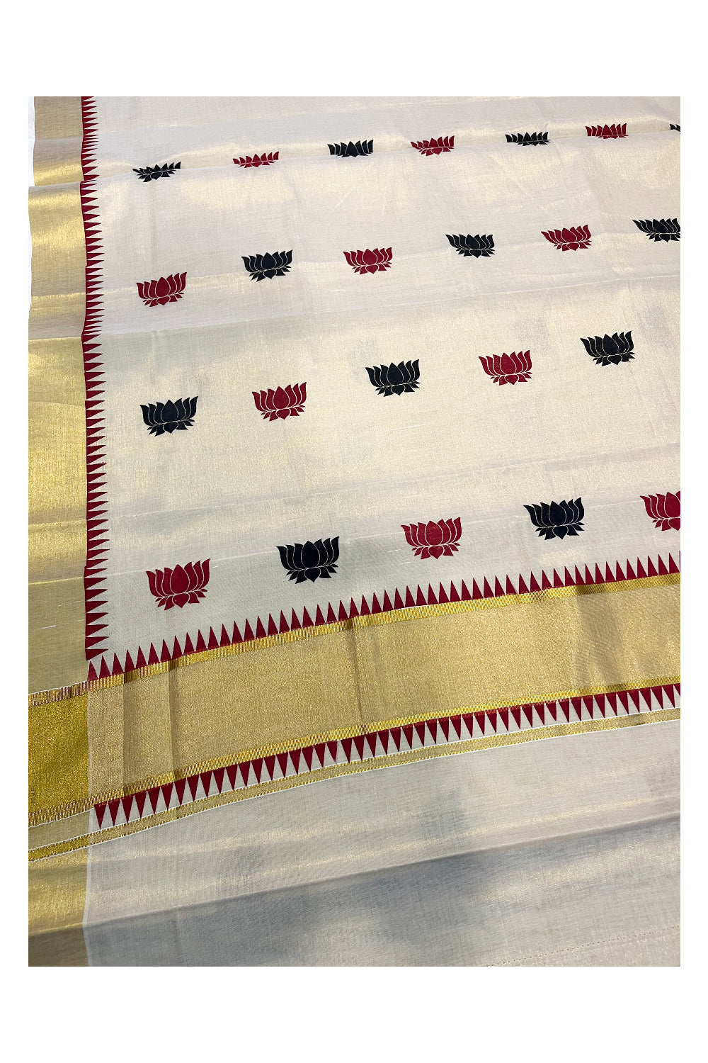 Kerala Tissue Kasavu Saree with Maroon and Black Lotus Block Prints