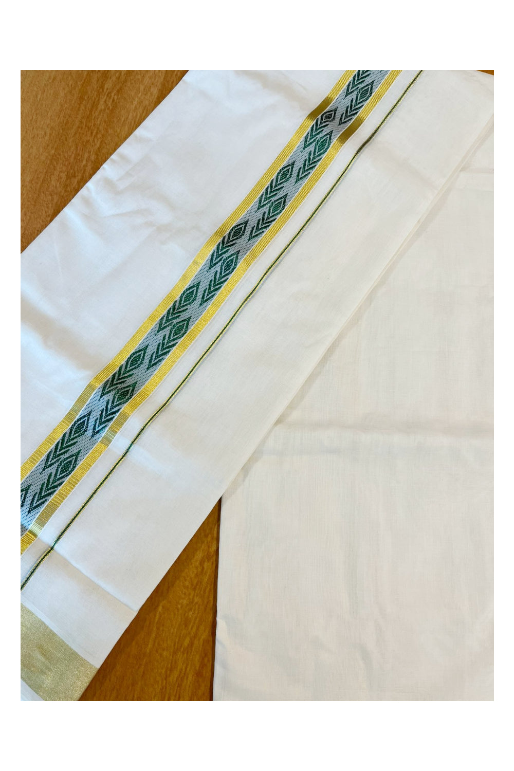 Southloom Premium Handloom Pure Cotton Mundu with Green and Kasavu Woven Border