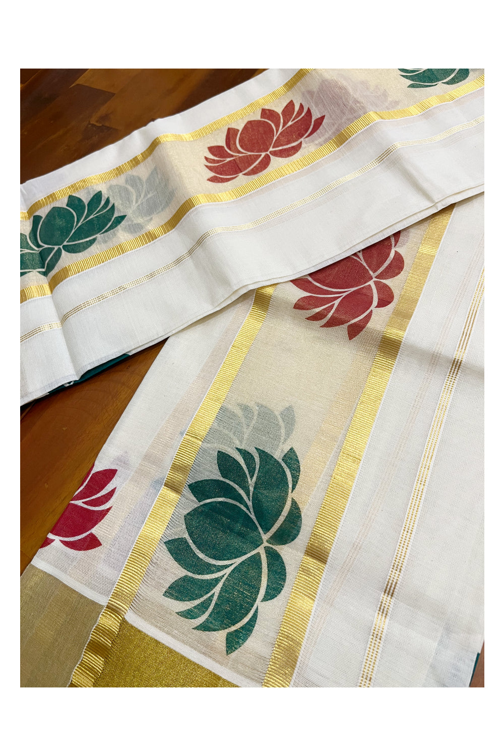 Kerala Tissue Single Set Mundu (Mundum Neriyathum) with Maroon And Green Lotus Block Prints On Kasavu Border