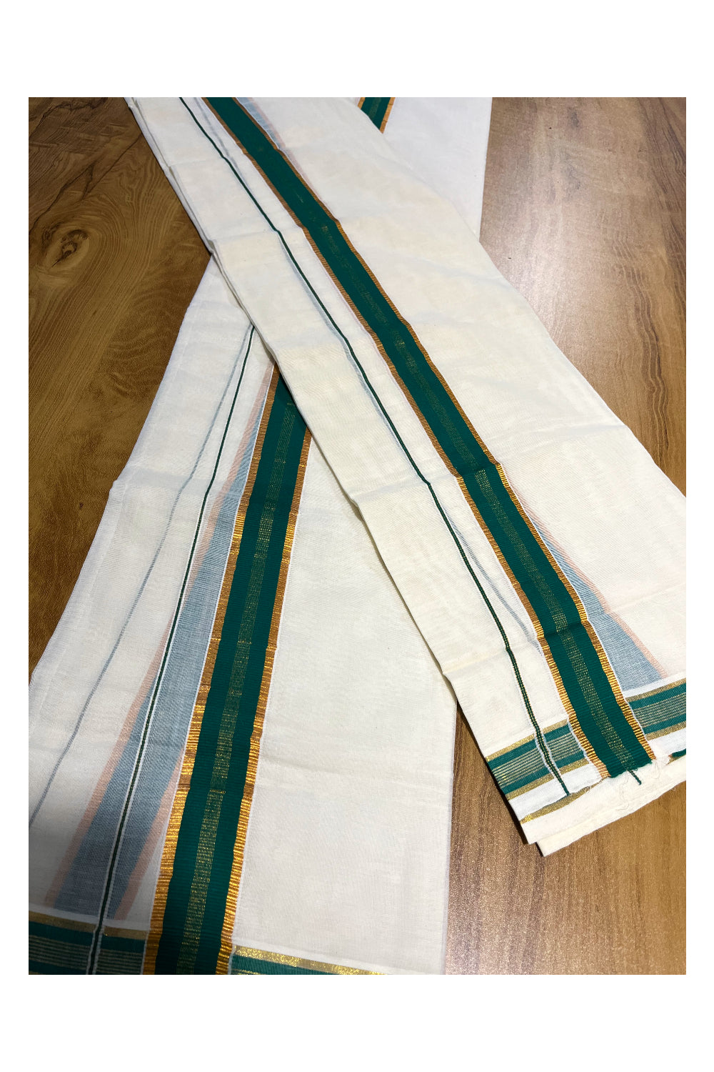 Kerala Cotton Set Mundu (Mundum Neriyathum) with Kasavu and Green Border