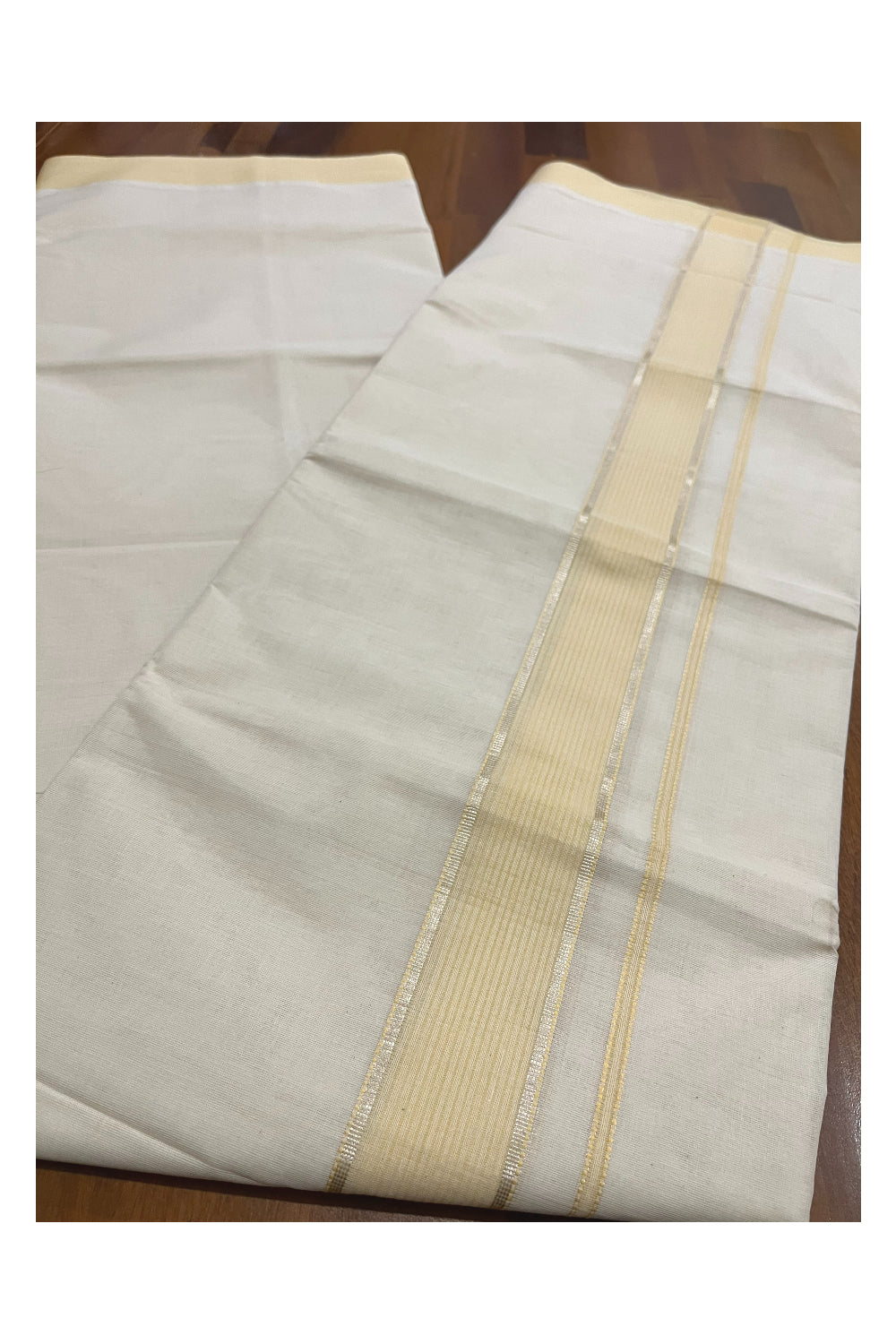 Pure Cotton 100x100 Double Mundu with Yellow and Silver Kasavu Kara (Onam Mundu 2023)