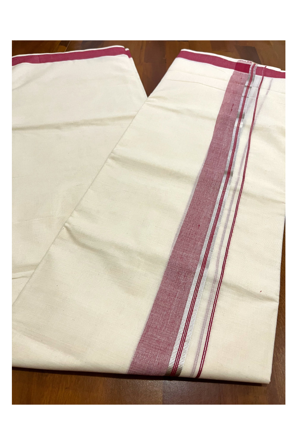 Kerala Cotton Double Mundu with Red and Silver Kasavu Border (Onam Mundu 2023)