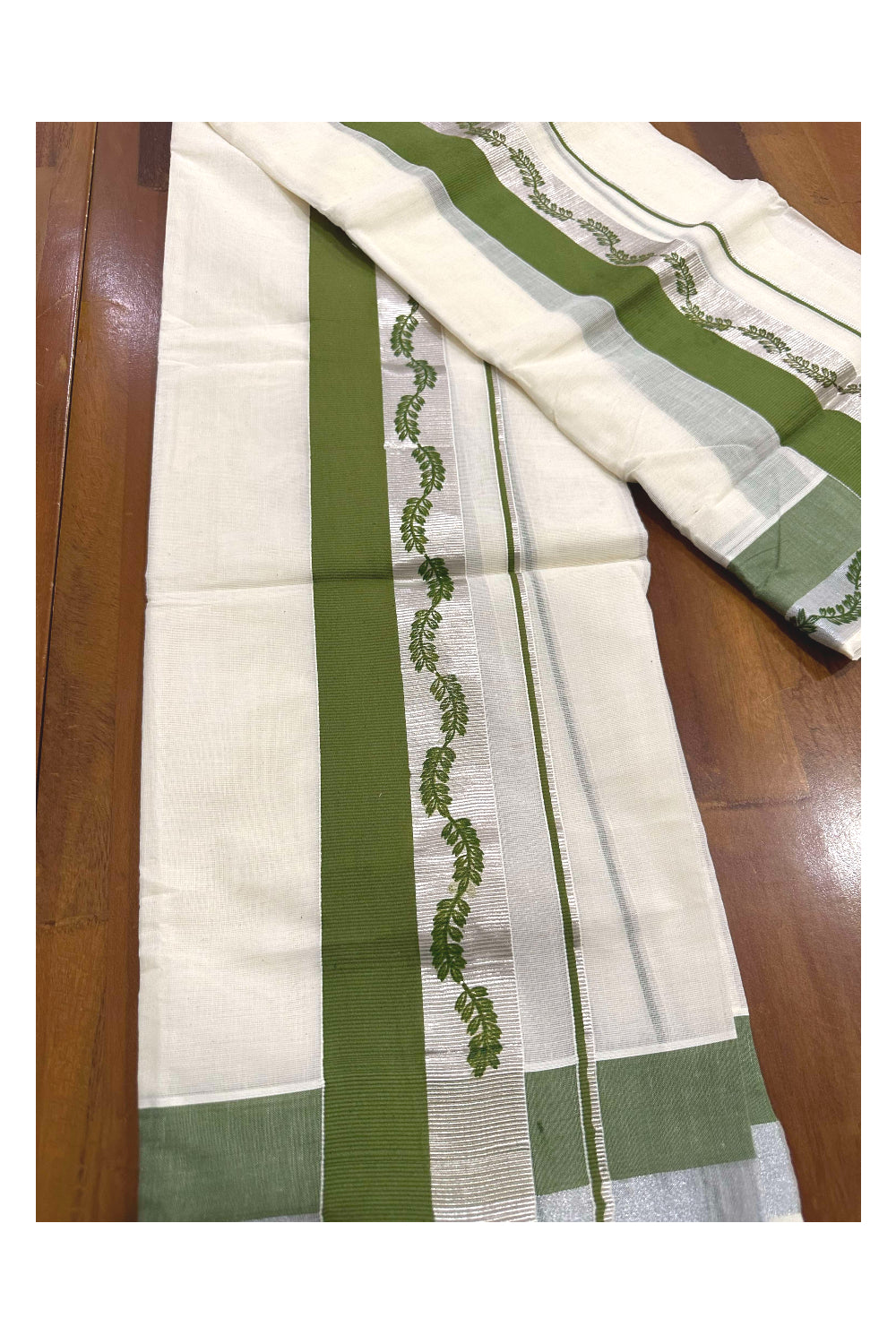 Kerala Cotton Single Set Mundu (Mundum Neriyathum) with Green Block Prints and Silver Kasavu Border 2.80 Mtrs (Onam set Mundu 2023)