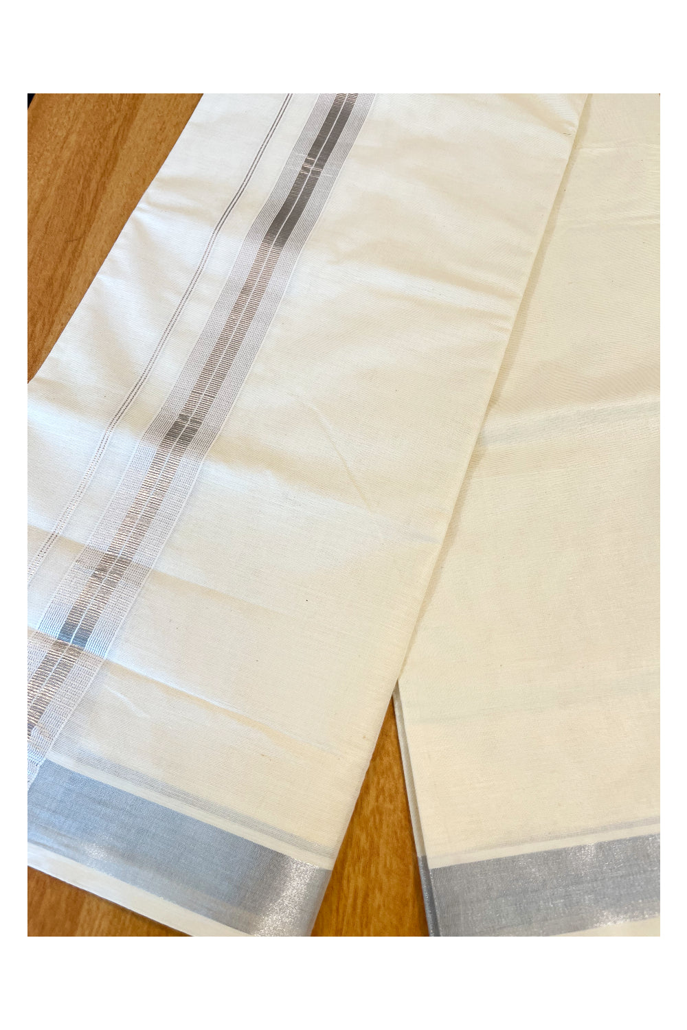 Off White Kerala Cotton Double Mundu with Silver Kasavu Lines Border (South Indian Dhoti)