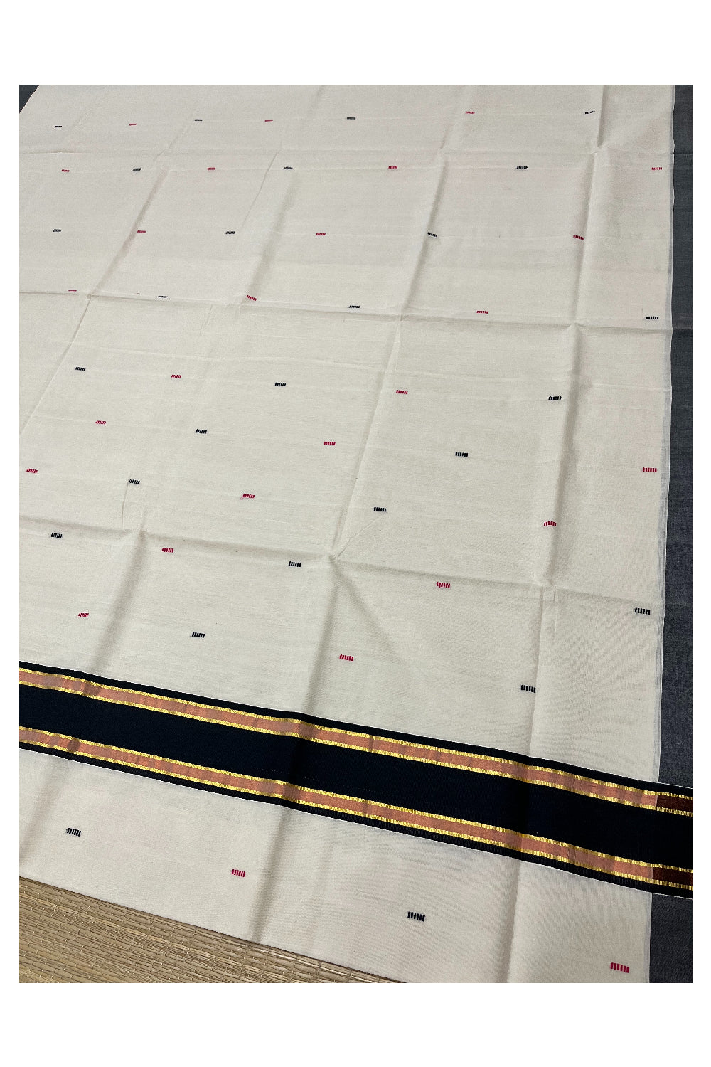 Southloom Premium Balaramapuram Unakkupaavu Handloom Cotton Butta Saree with Black and Kasavu Border (Vishu 2024 Collection)