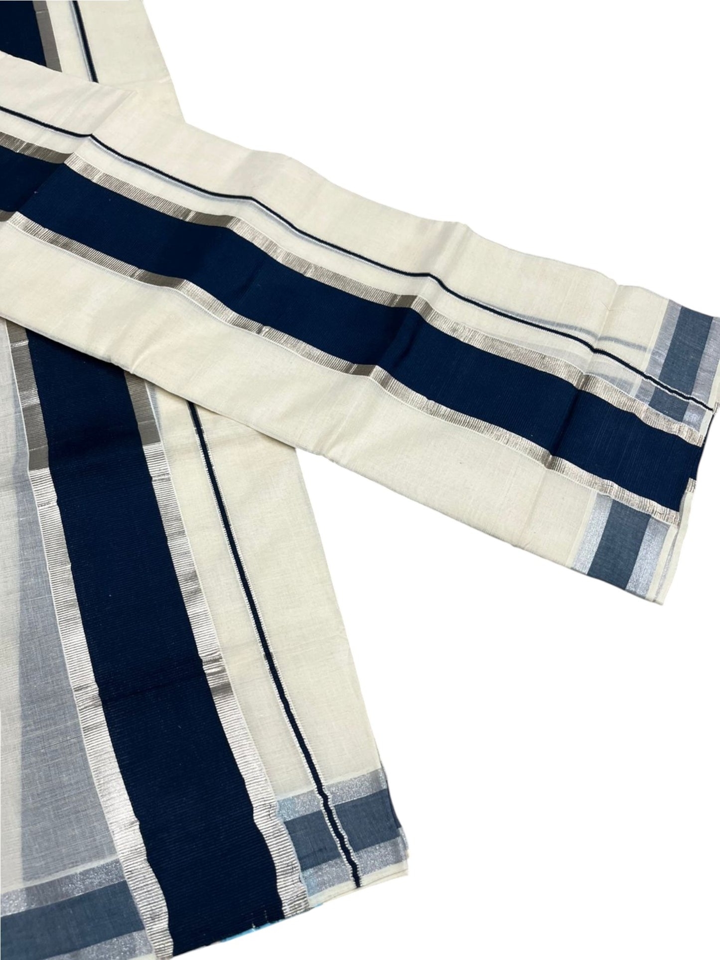 Kerala Cotton Mundum Neriyathum Single (Set Mundu) with Dark Blue and Silver Kasavu Border 2.80 Mtrs SLKK SL498