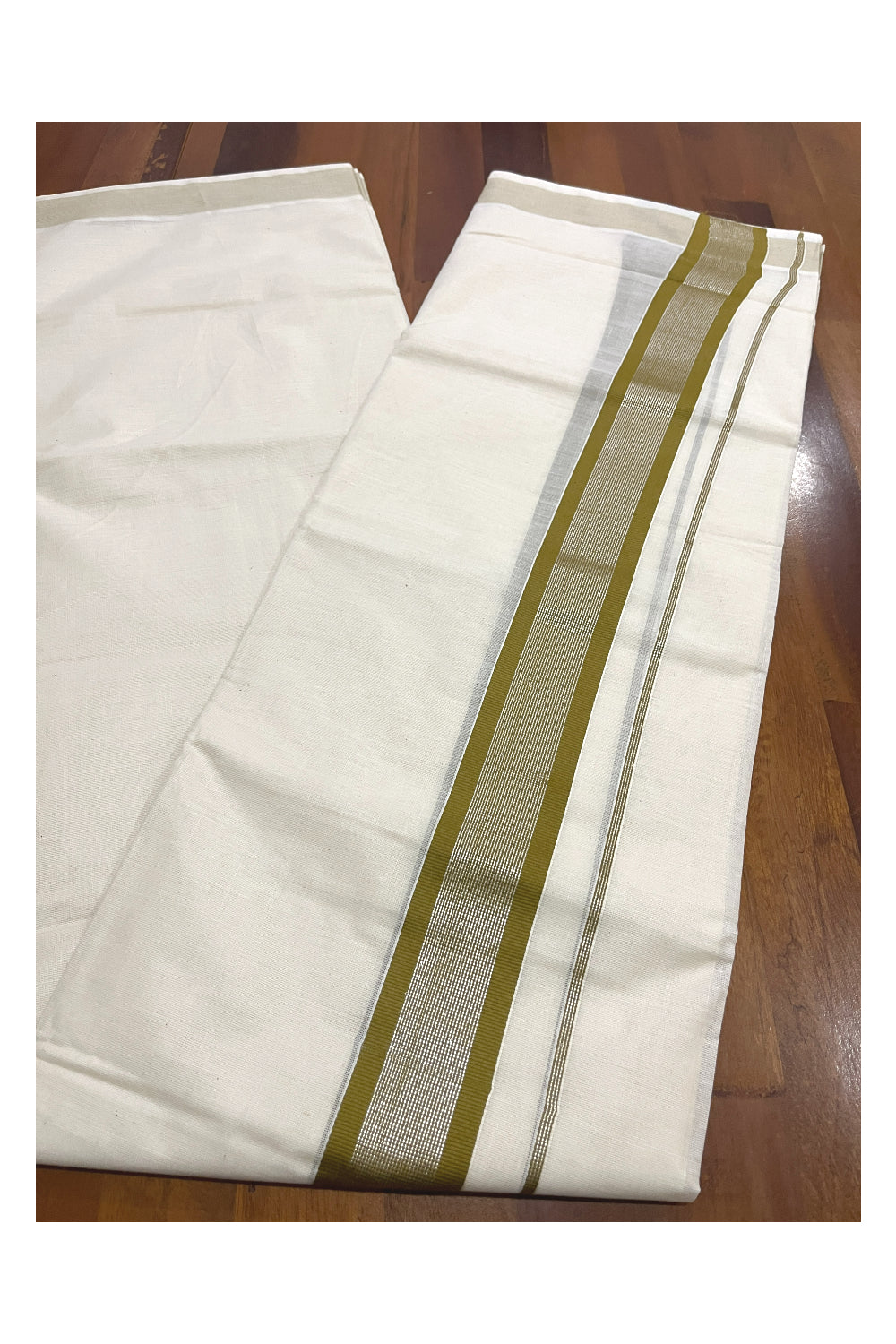 Pure Cotton Double Mundu with Olive Green and Silver Kasavu Kara (South Indian Kerala Dhoti)