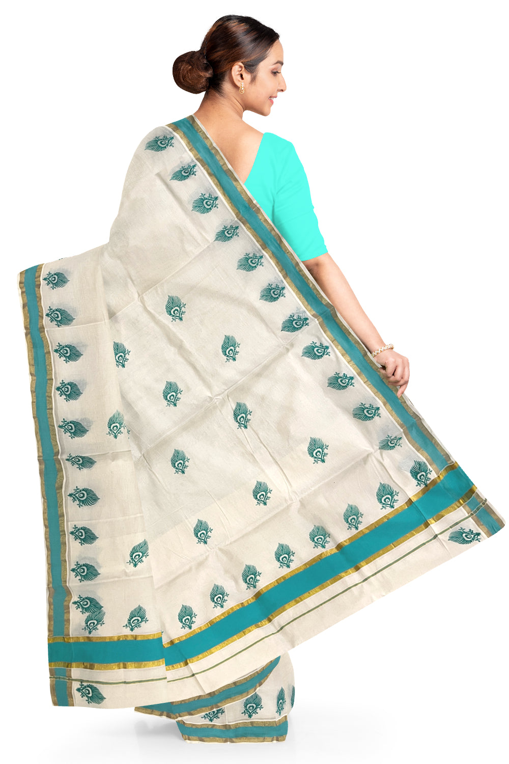 Pure Cotton Kerala Saree with Turquoise Feather Block Prints and Kasavu Border