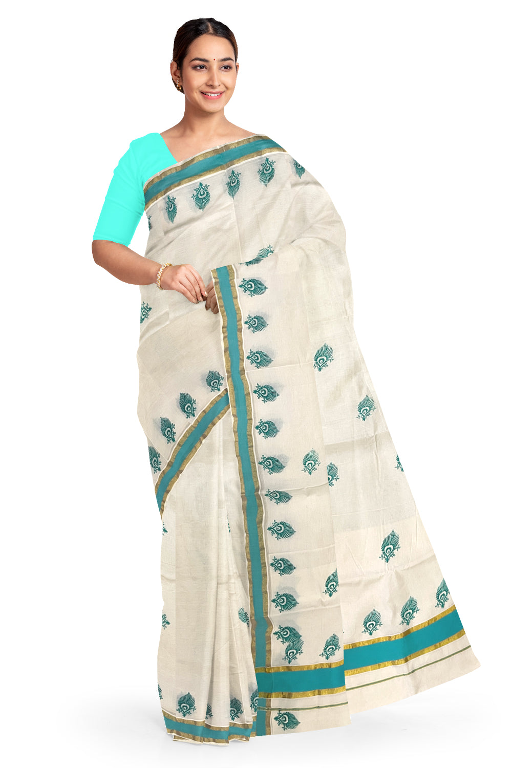 Pure Cotton Kerala Saree with Turquoise Feather Block Prints and Kasavu Border