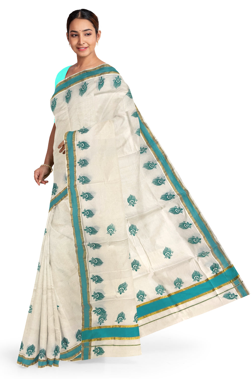 Pure Cotton Kerala Saree with Turquoise Feather Block Prints and Kasavu Border