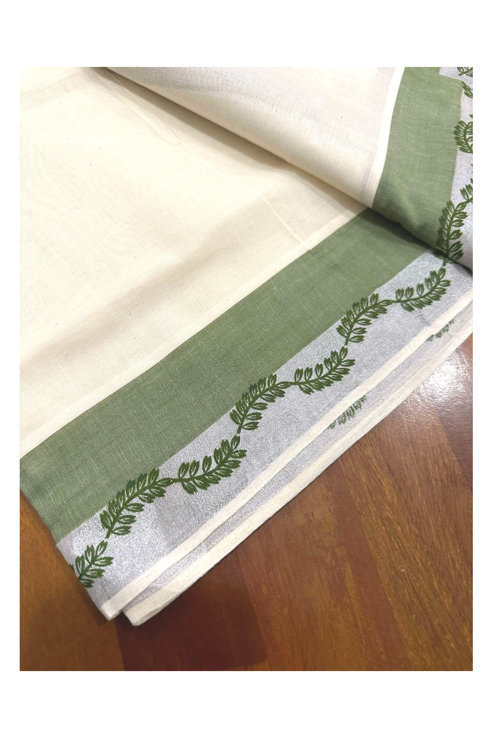 Kerala Cotton Single Set Mundu (Mundum Neriyathum) with Green Block Prints and Silver Kasavu Border 2.80 Mtrs (Onam set Mundu 2023)