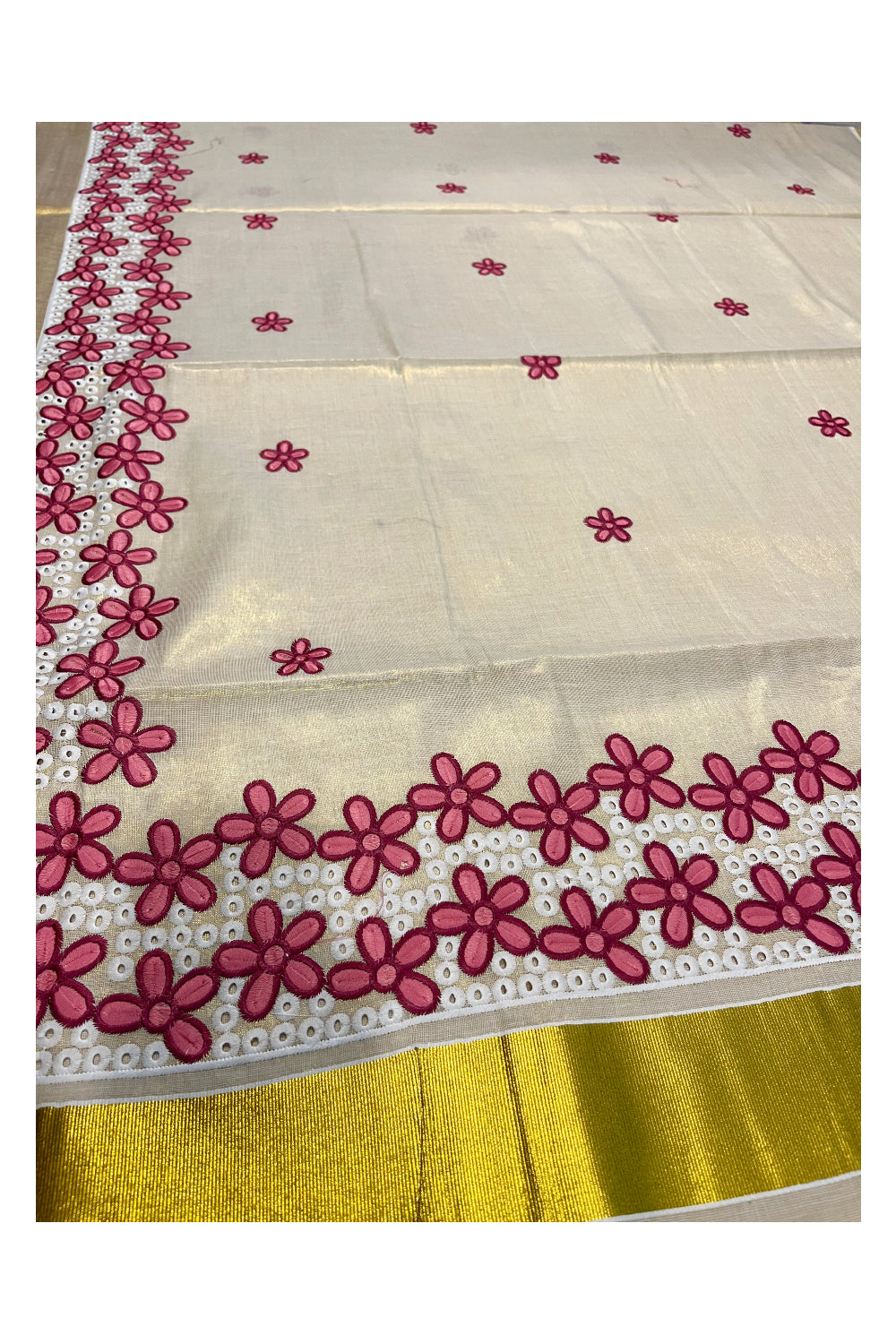 Kerala Tissue Kasavu Saree with Pink Floral Embroidery Works